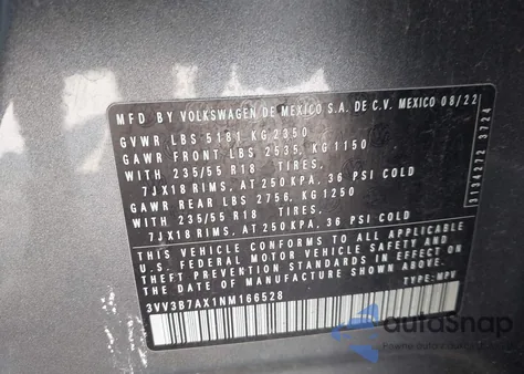 2022 Volkswagen Tiguan 2.0T Se z USA, uszkodzony, nr VIN 3VV3B7AX1NM166528